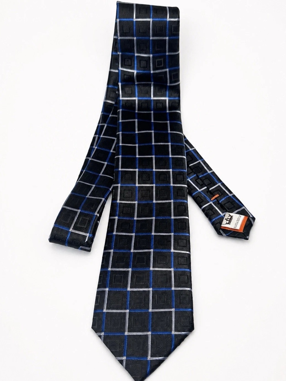 Peter Millar Silk Necktie Black, Blue & Silver Geometric Tie Hand Folded 58”X 3”